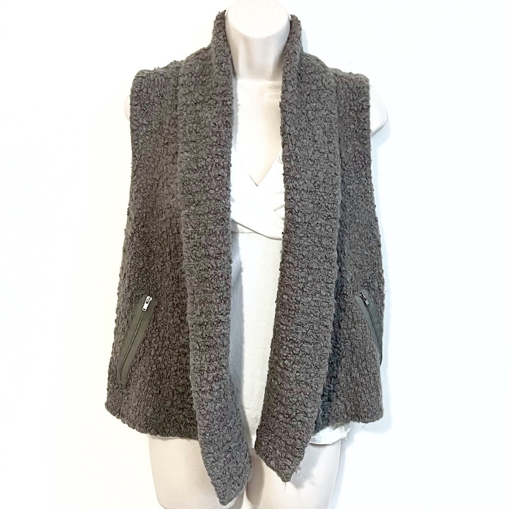 LOFT Soft Mohair Sweater Vest Gray Brown Small Pockets Open cowl neck Wool